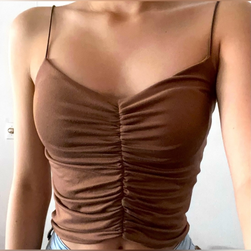 Gaze Ruched Brown Tank with Spaghetti Straps | Size Small